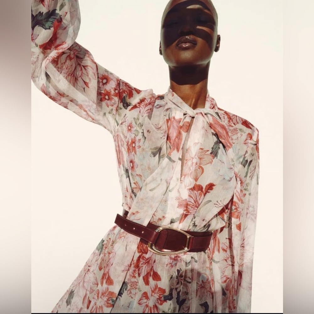 ZARA Floral Print Long Sleeve Midi Dress w Belt | L NWT | Lined, Modest